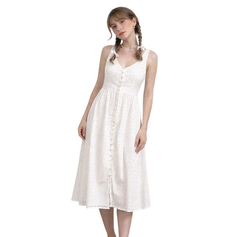 J.CREW White Eyelet Button Front Pocket Dress Sundress Cottagecore Size 8P